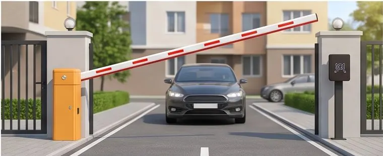 ANPR number plate recognition camera and boom barrier at a Bangalore gate